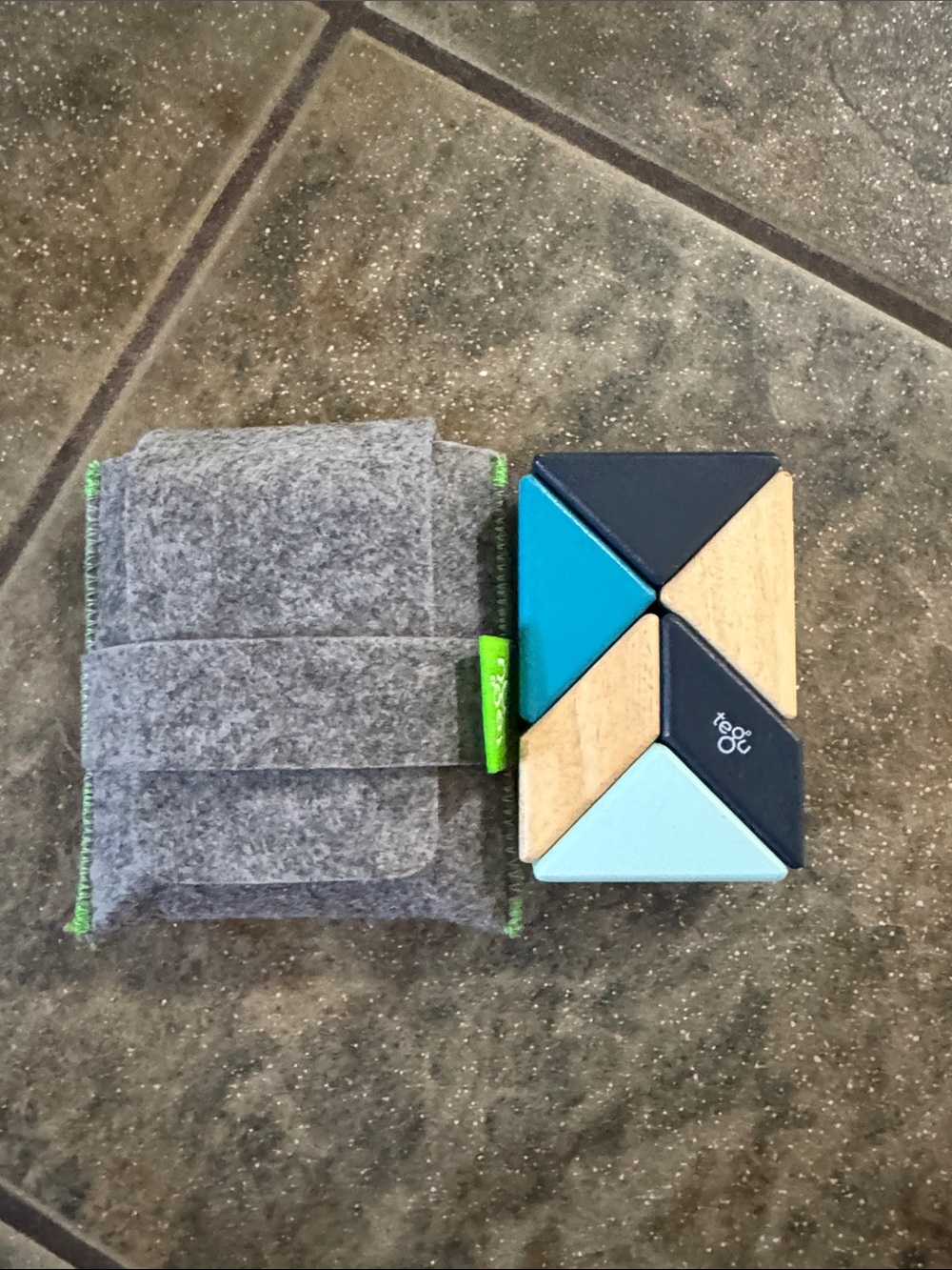 Magnetic Wooden Building Tiles Set in Blue and Natural Wood with Gray Pouch